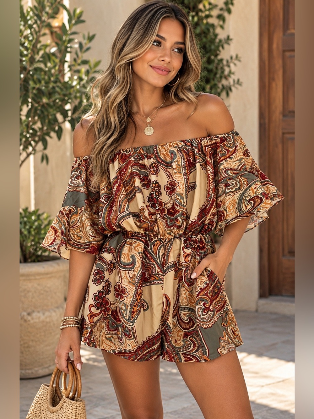 Boho Off-Shoulder Paisley Romper in Beige and Brown